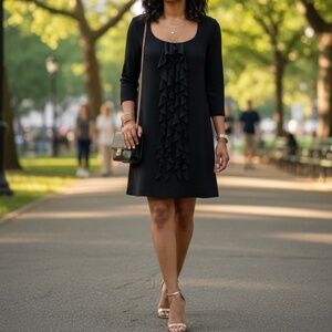 A395 White House Black Market Office Chic Black Ruffle Shift Dress Gently Used L